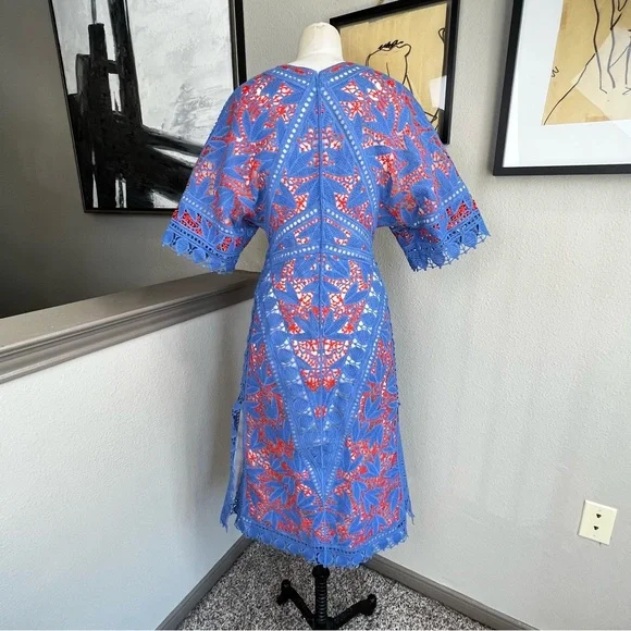 TORY BURCH cornflower blue and coral red macrame lace midi Michaella dress  - www.joarbit.com